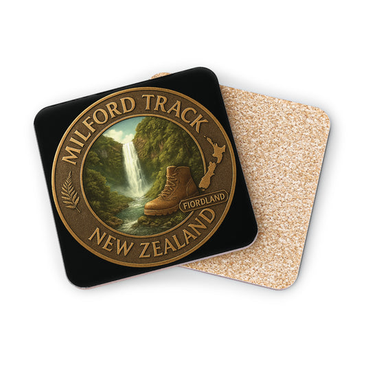 Coaster with Milford Track New Zealand design featuring a boot and waterfall.
