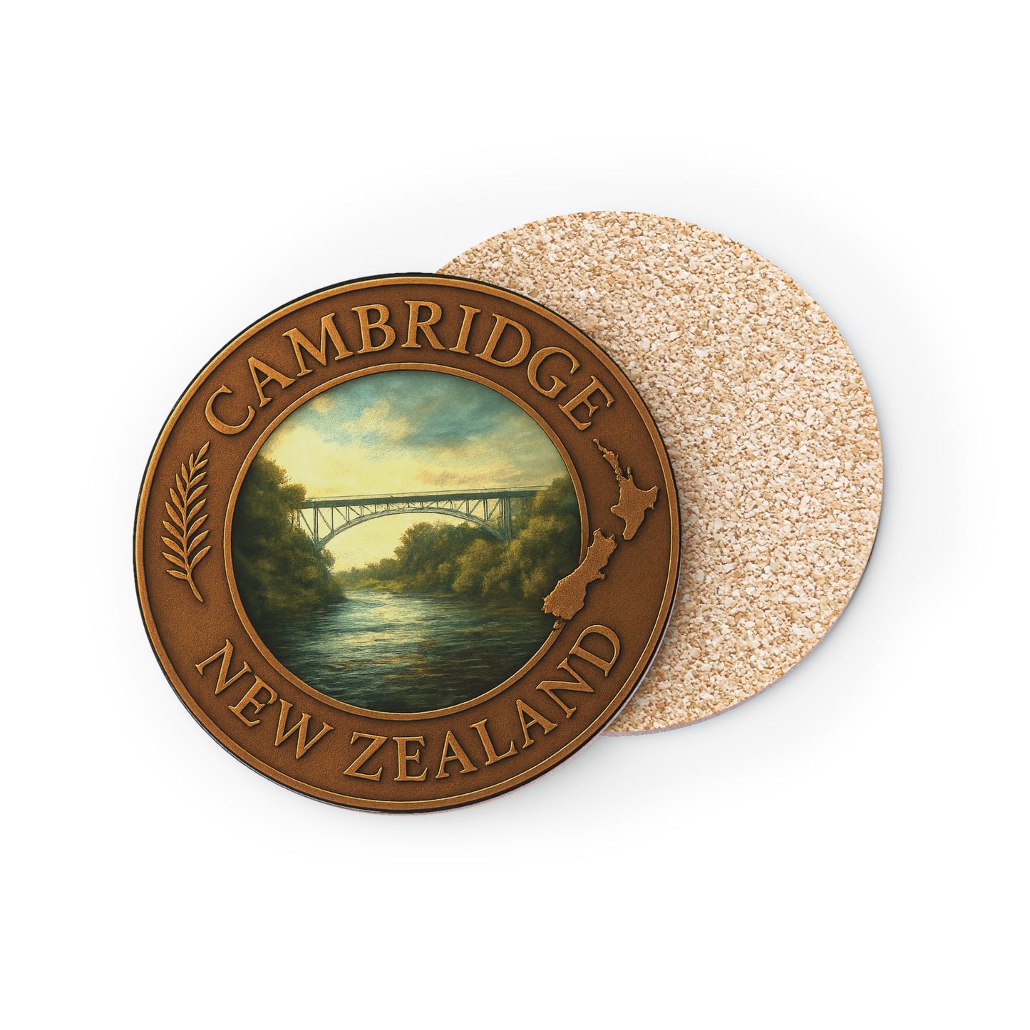 Coaster with 'Cambridge, New Zealand' design on a white background