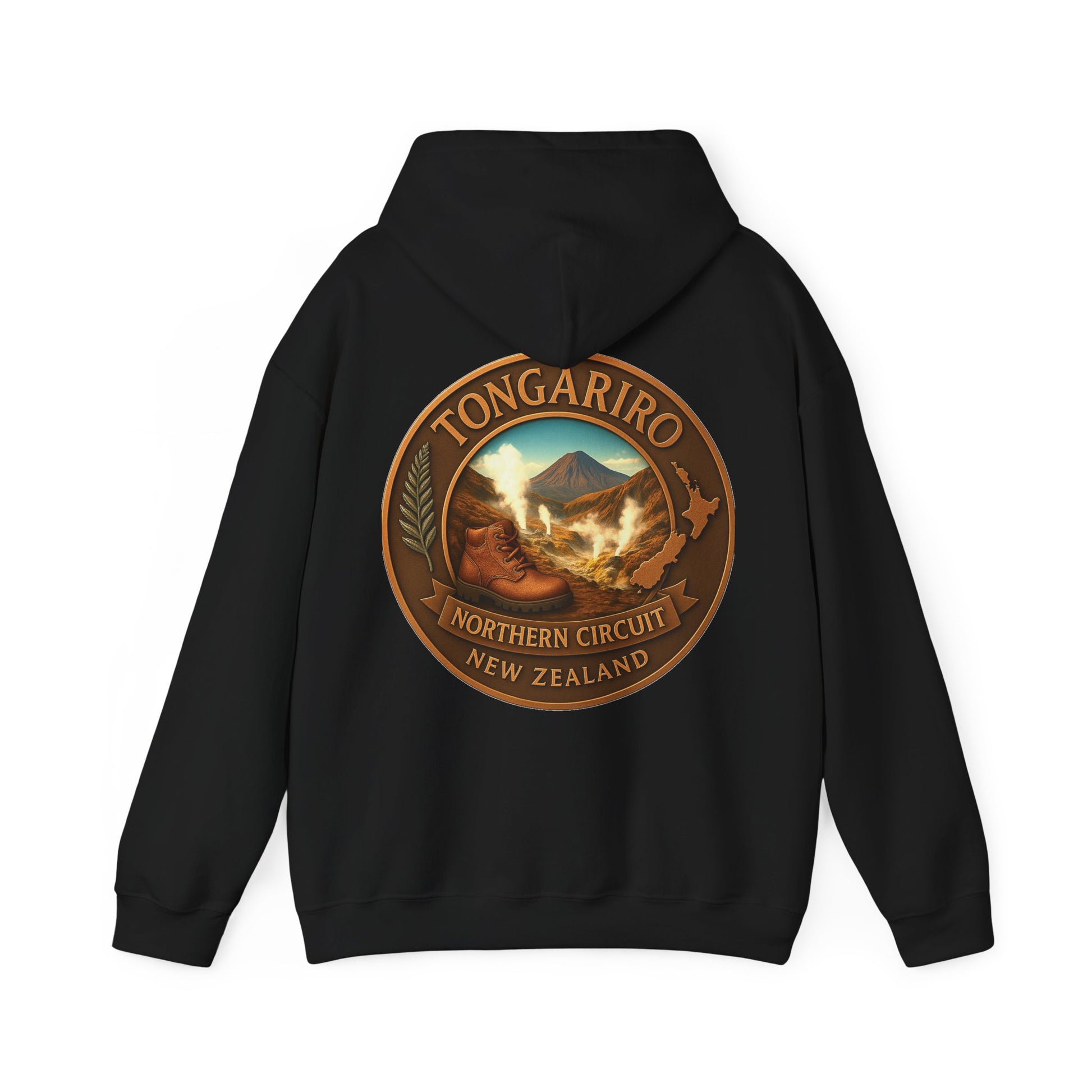 Black hoodie with Tongariro Northern Circuit New Zealand logo on the back