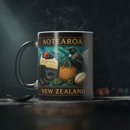 Mug with New Zealand-themed design featuring a kiwi bird, wattle, and other elements on a dark background.