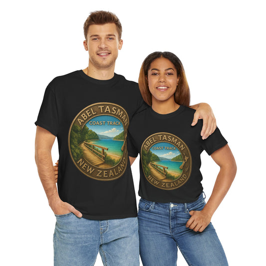 Two people wearing black t-shirts with Abel Tasman New Zealand design on a white background
