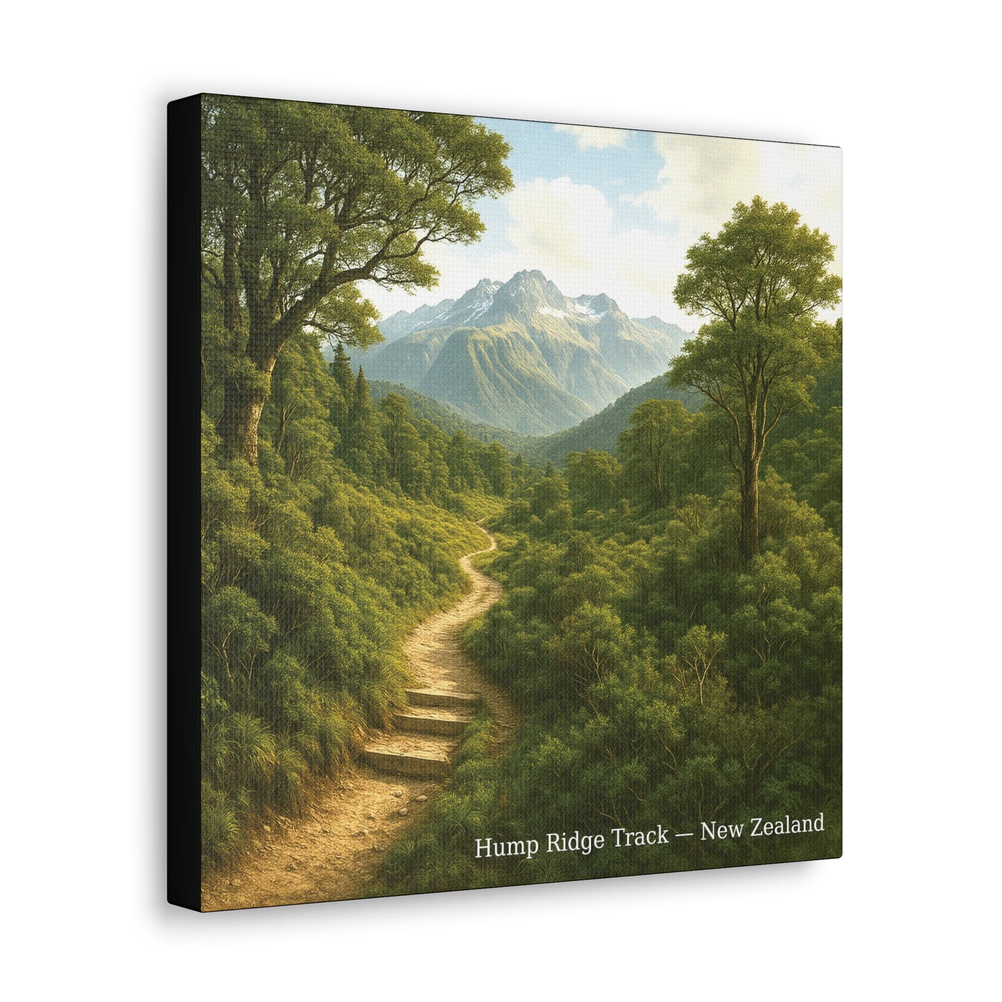 Canvas print of a scenic landscape with a path leading to mountains, labeled 'Hump Ridge Track, New Zealand'.