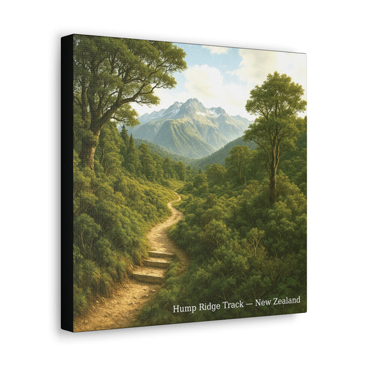 Canvas print of a scenic landscape with a path leading to mountains, labeled 'Hump Ridge Track, New Zealand'.