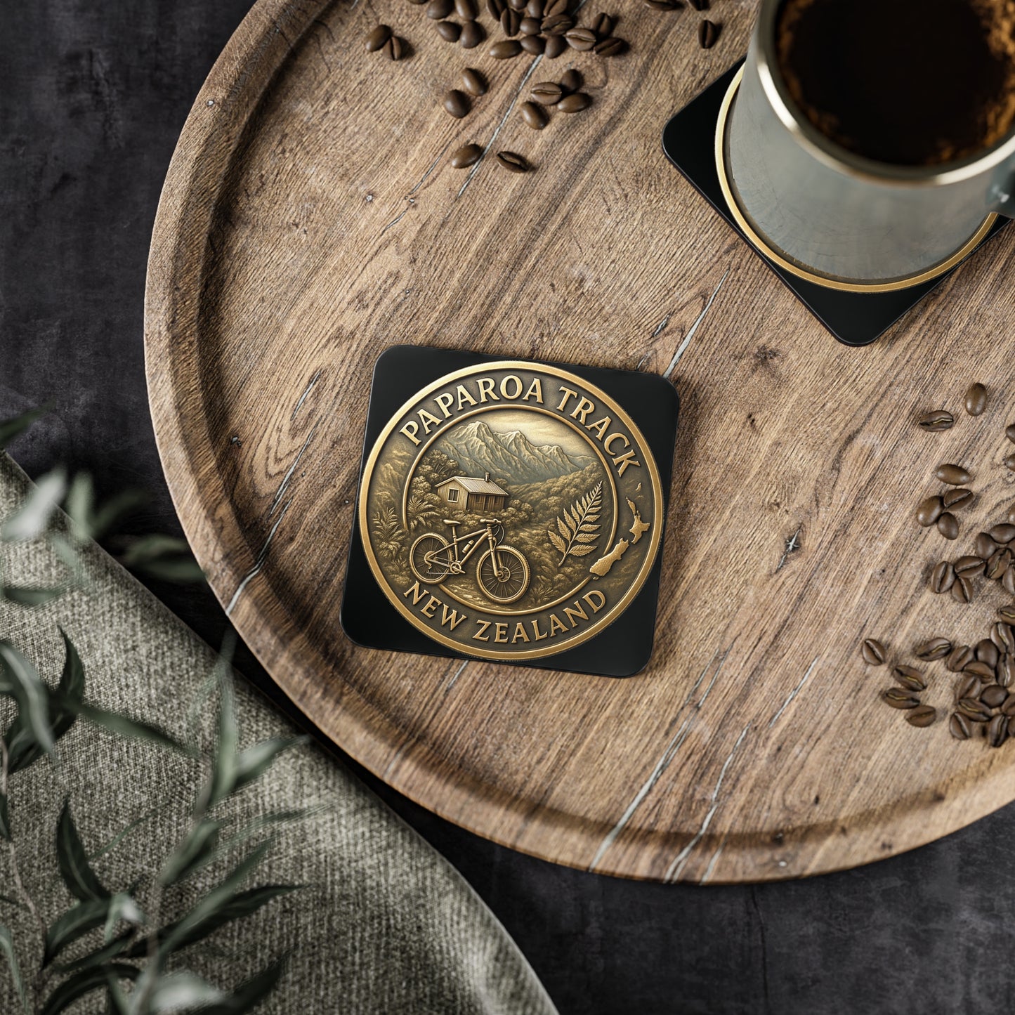 Bronze Paparoa Track New Zealand coin on a wooden tray with coffee and coffee beans.