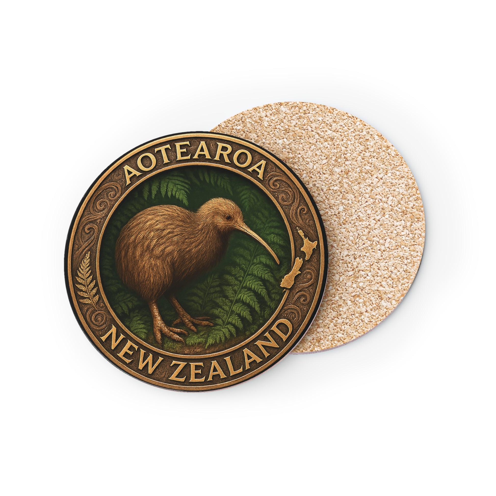 Coaster with kiwi bird design and 'Aotearoa New Zealand' text on a white background