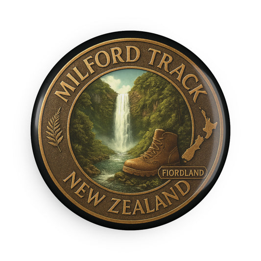Button badge with Milford Track New Zealand design featuring a boot and waterfall.