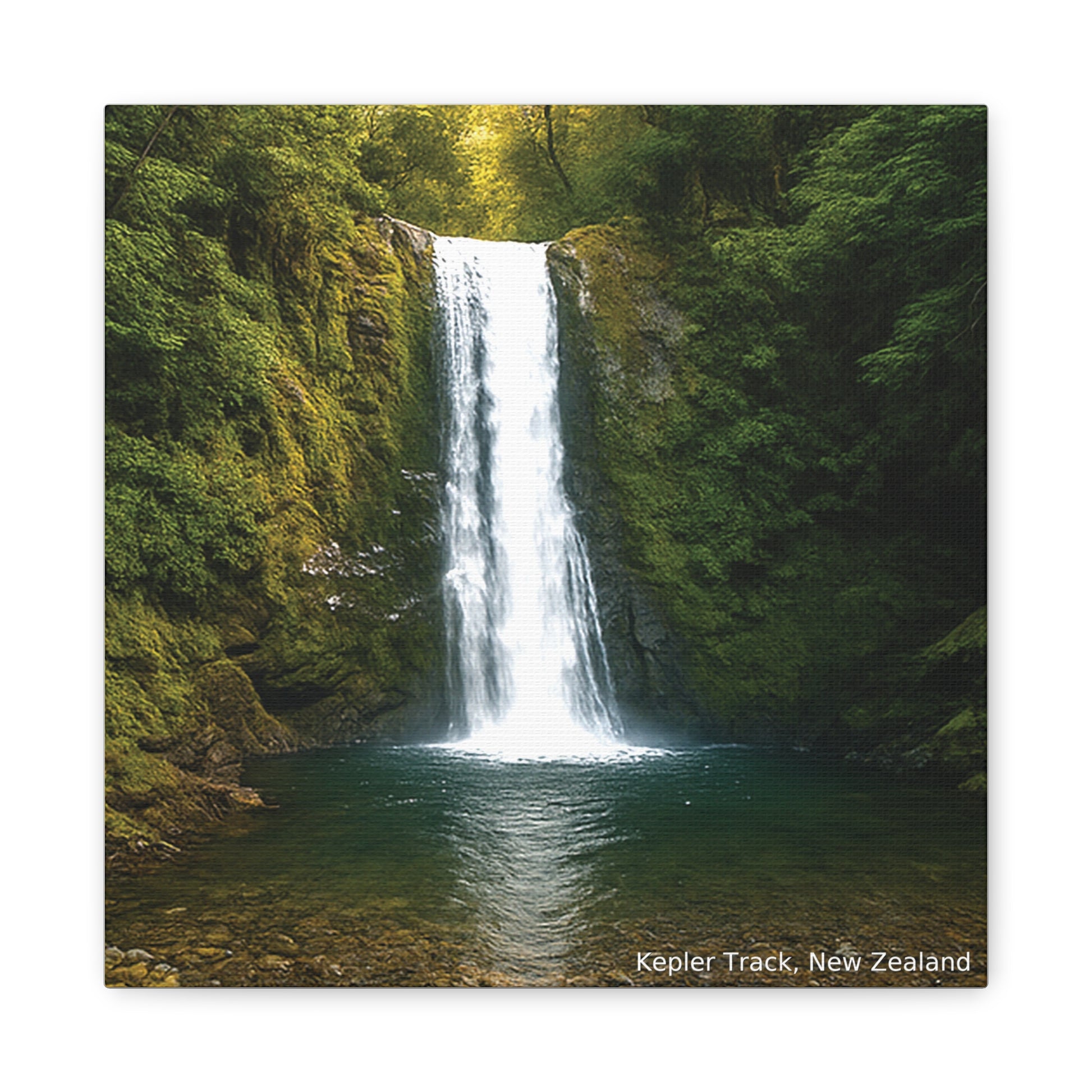 Waterfall in a lush green forest with text 'Kepler Track, New Zealand'.