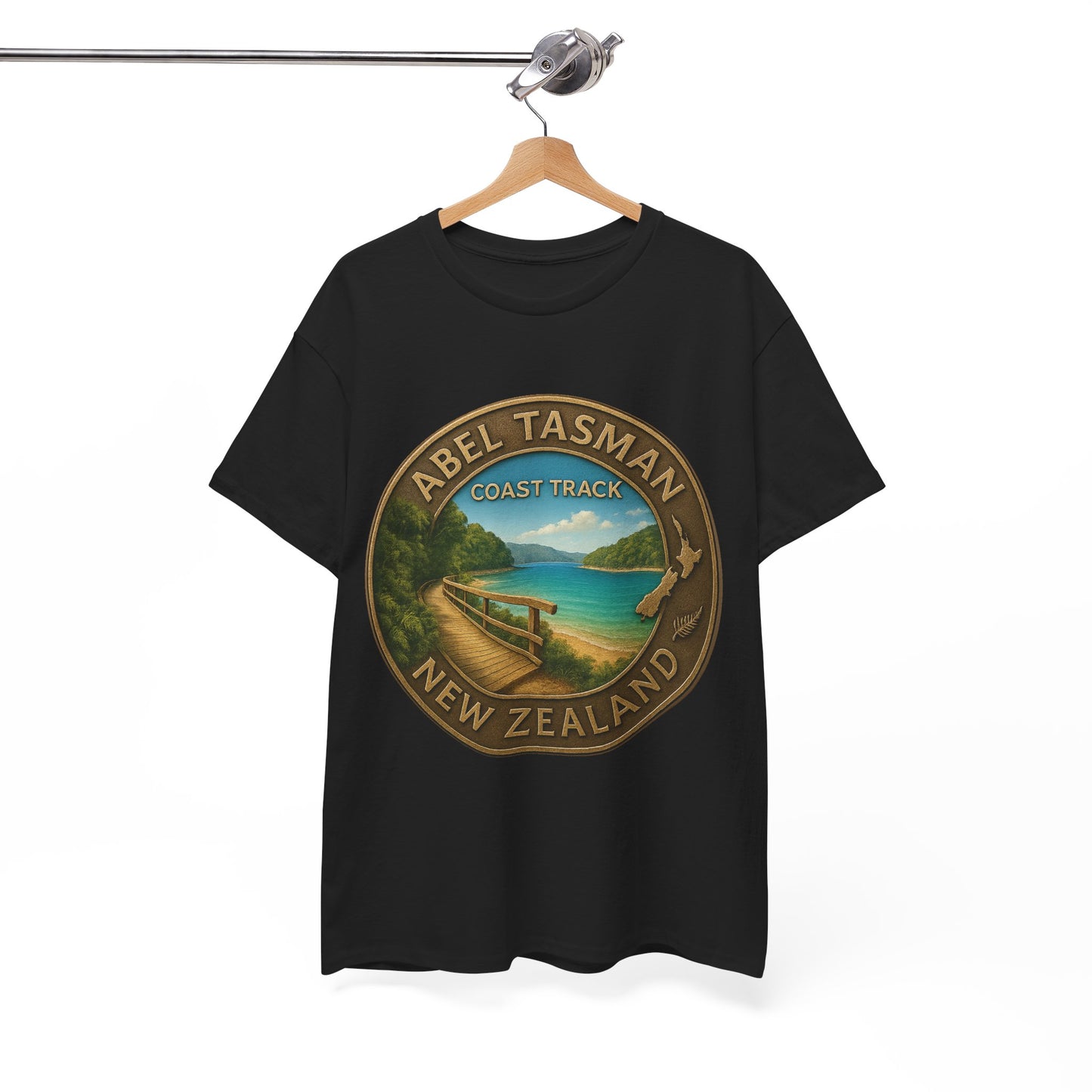 Black t-shirt with Abel Tasman Coast Track New Zealand design on a hanger