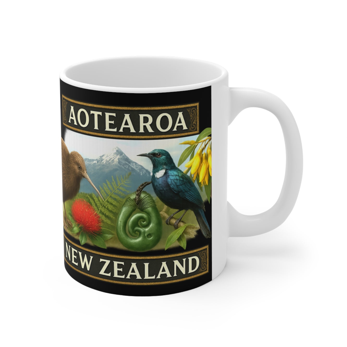 Aotearoa New Zealand Kiwi & Tui Emblem Coffee Mug — NZ Souvenir v2