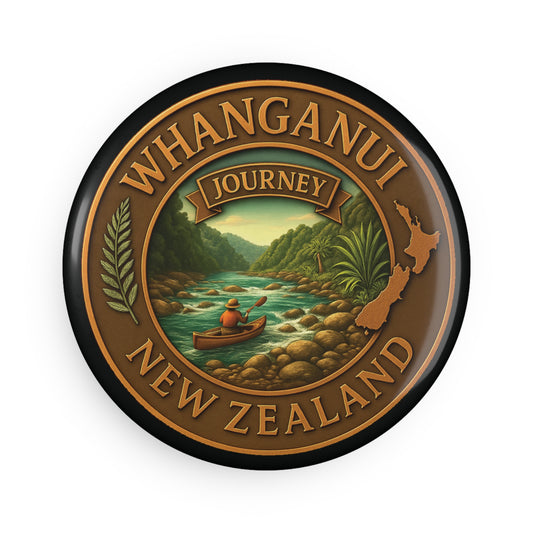 Round badge with 'Whanganui Journey New Zealand' text and a scenic illustration of a river and mountains.