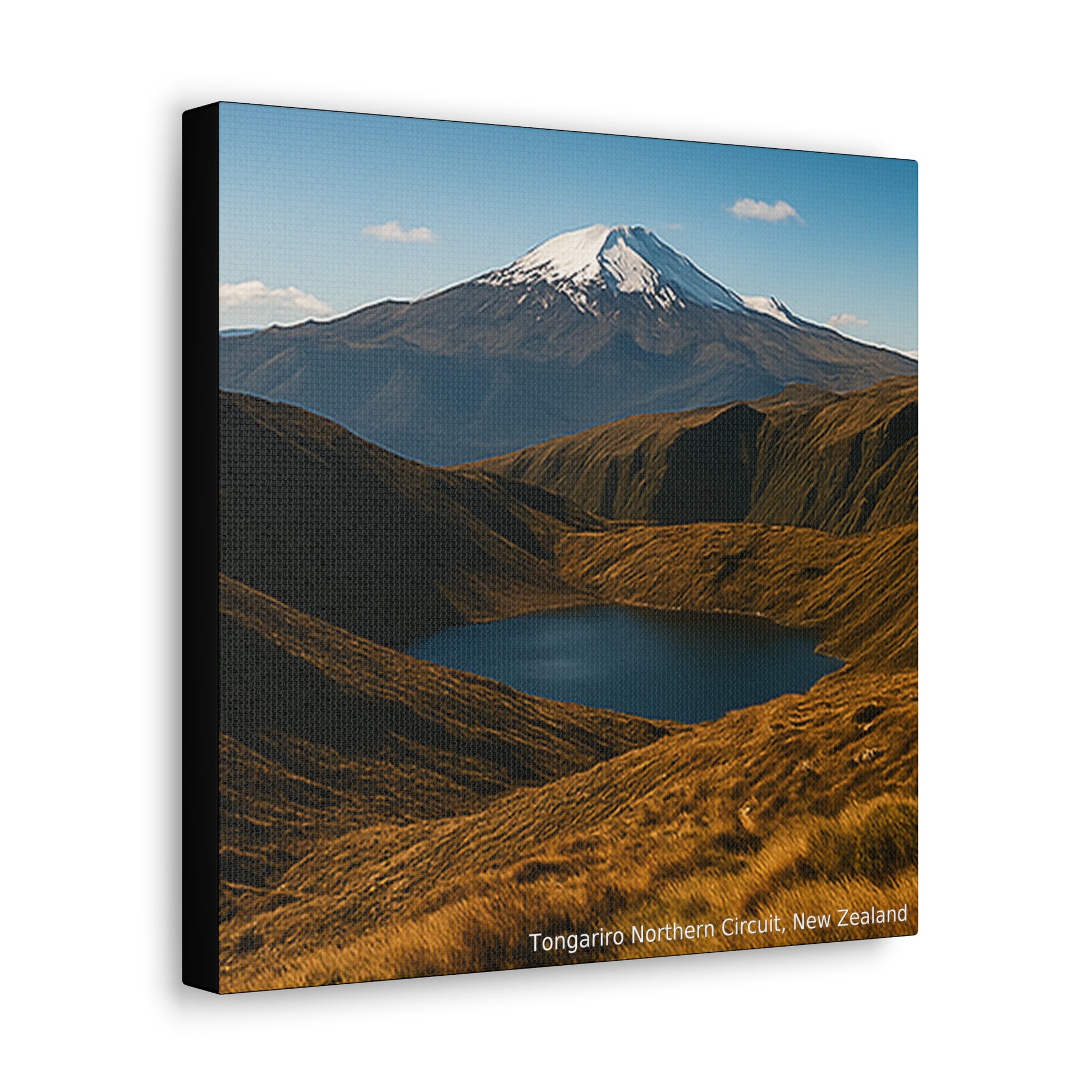 Tongariro Northern Circuit Canvas print of a mountain landscape with a lake and snow-capped peak.