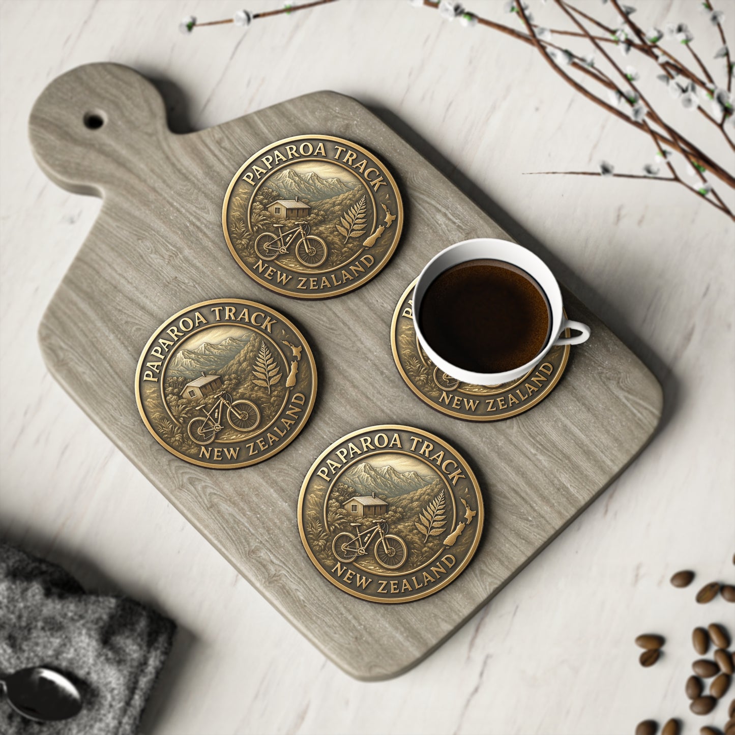 Paparoa Track New Zealand coasters on a wooden board with a cup of coffee.