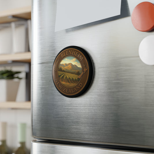 Fridge magnet with Blenheim, New Zealand design on a refrigerator