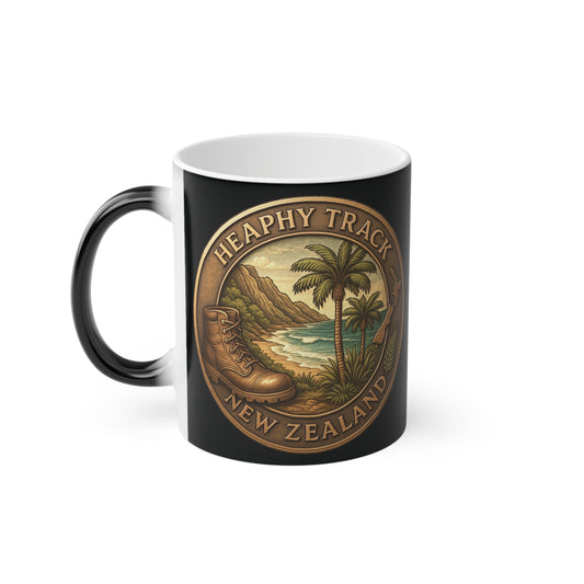 Black Coffee mug with Heaphy Track New Zealand design featuring a palm tree and mountain.