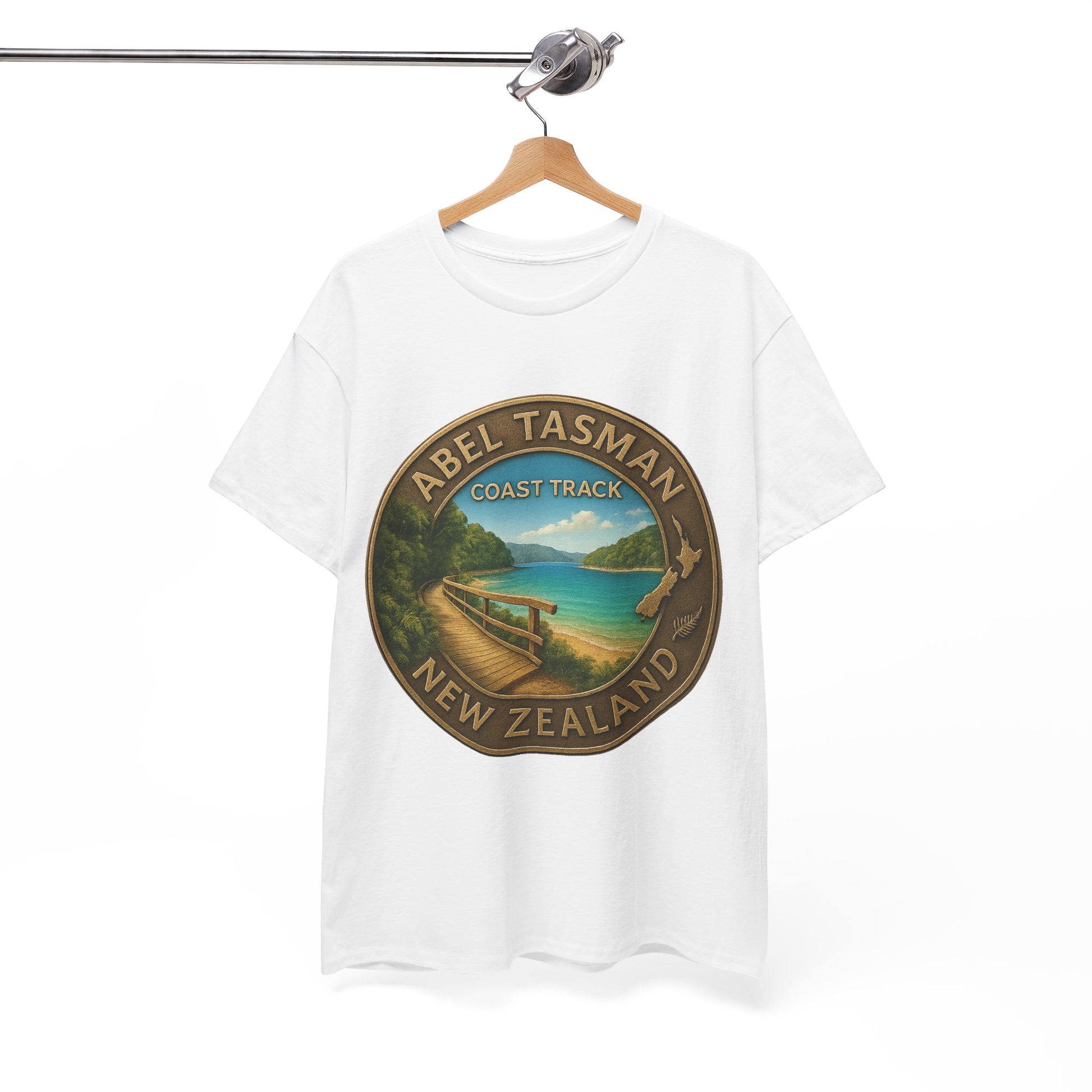 White t-shirt with a scenic graphic of Abel Tasman Coast Track, New Zealand on a hanger against a white background.