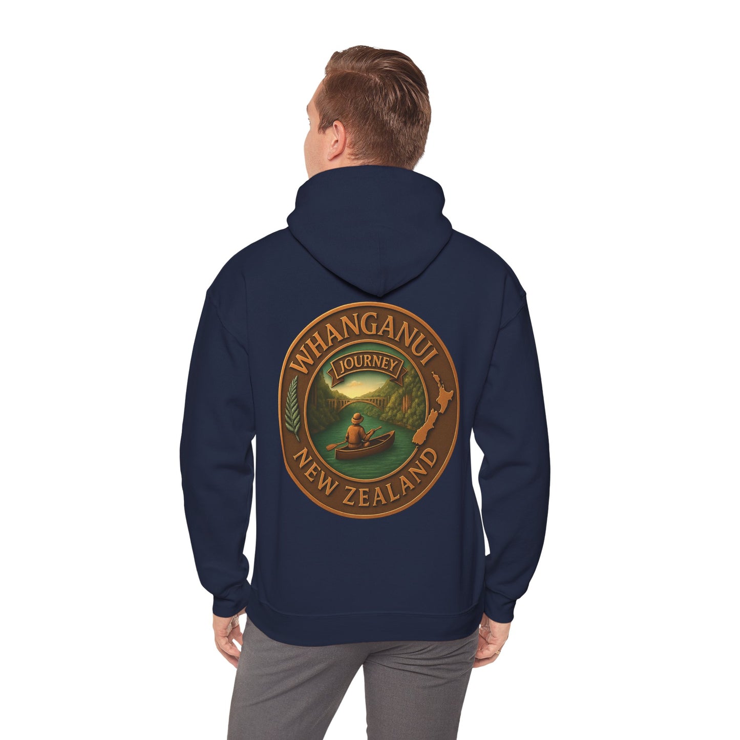 Navy blue hoodie with 'Whanganui Journey New Zealand' logo on the back, worn by a person.