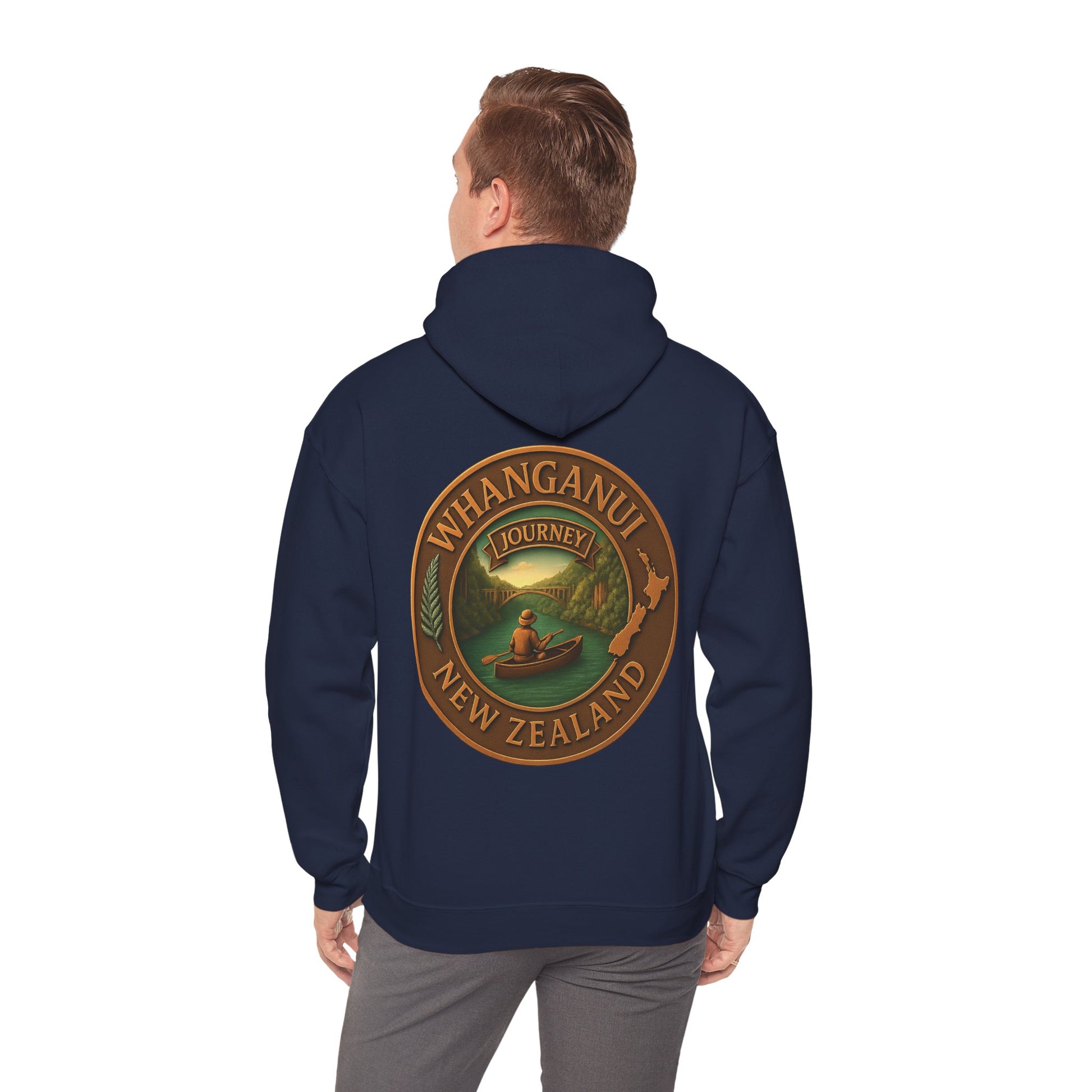 Navy blue hoodie with 'Whanganui Journey New Zealand' logo on the back, worn by a person.