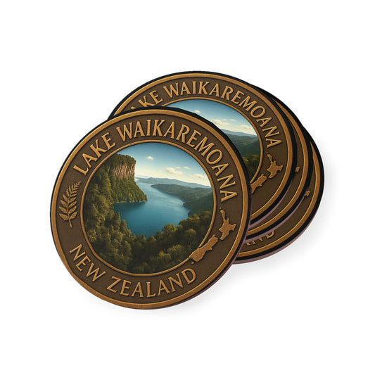 Coasters with Lake Waikaremoana design on a white background
