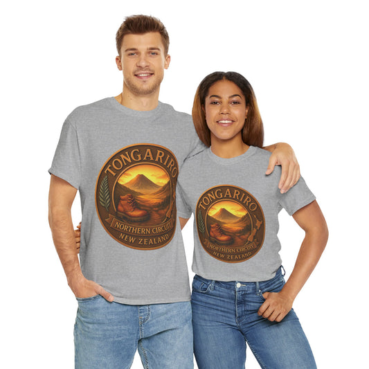 Two people wearing gray t-shirts with Tongariro Northern Circuit National Park logo on a white background