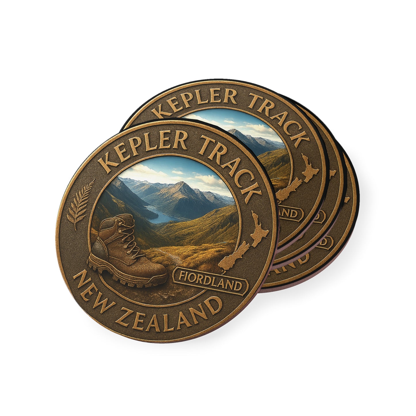 Two bronze-colored coins featuring the Kepler Track in New Zealand on a white background