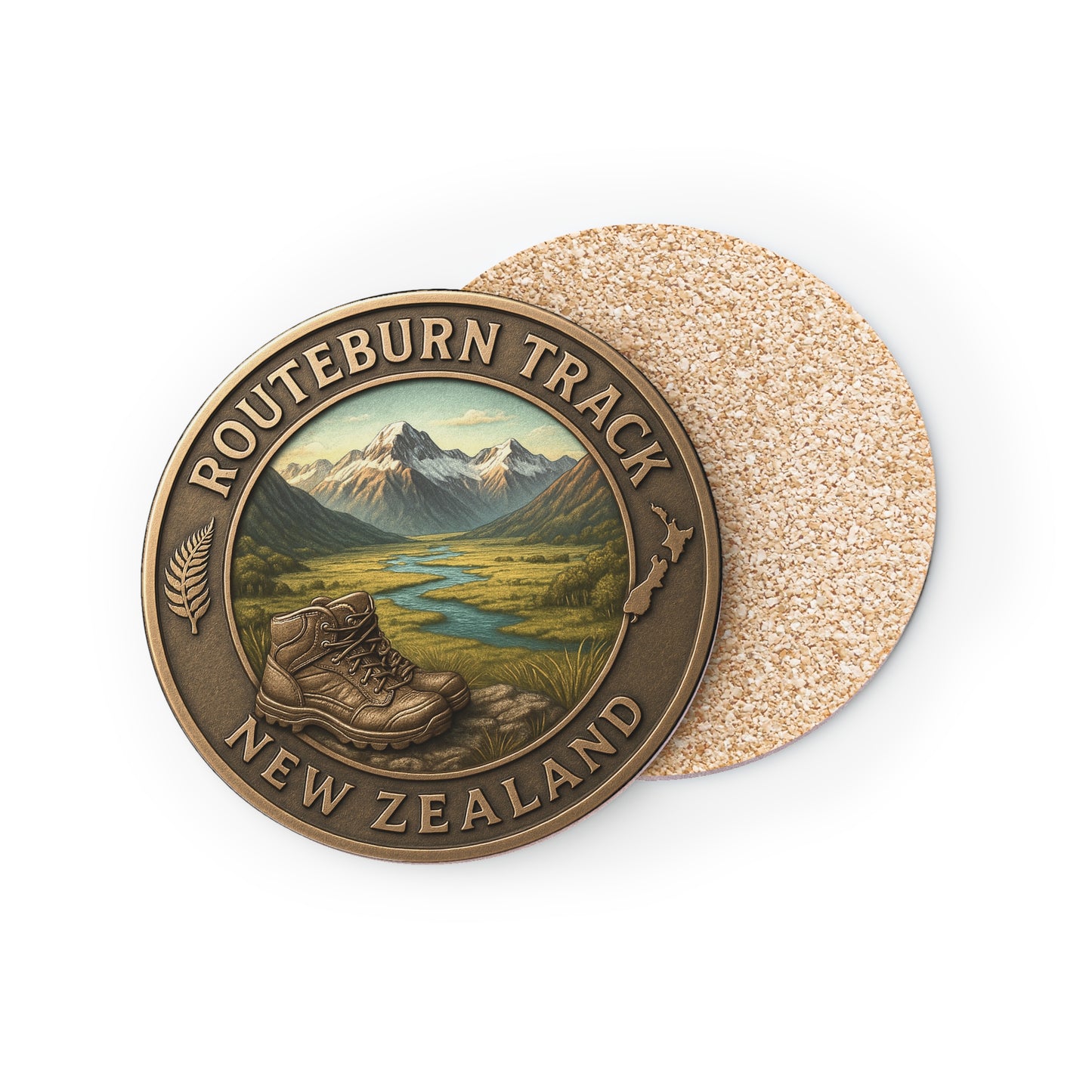 Bronze medallion coaster with 'Routeburn Track, New Zealand' design on a white background
