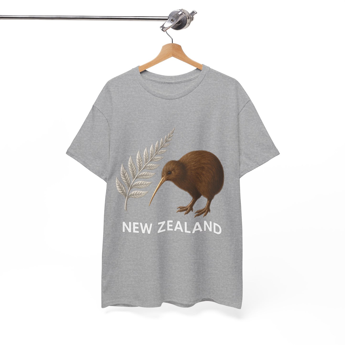 Gray t-shirt with a kiwi bird and fern design on a hanger against a white background