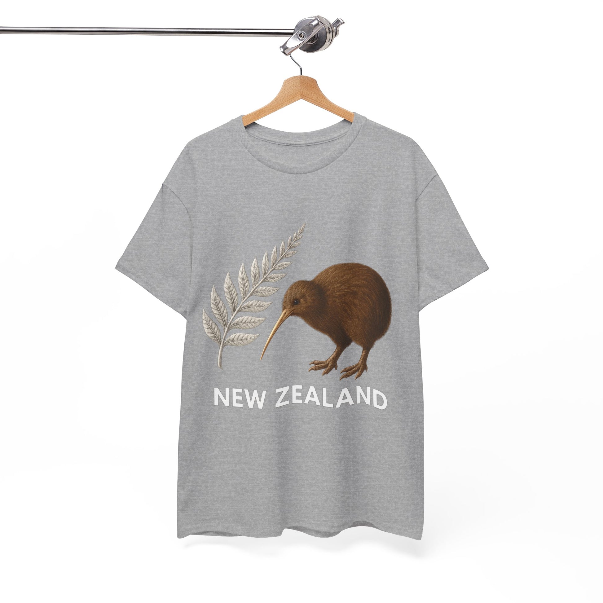 Gray t-shirt with a kiwi bird and fern design on a hanger against a white background