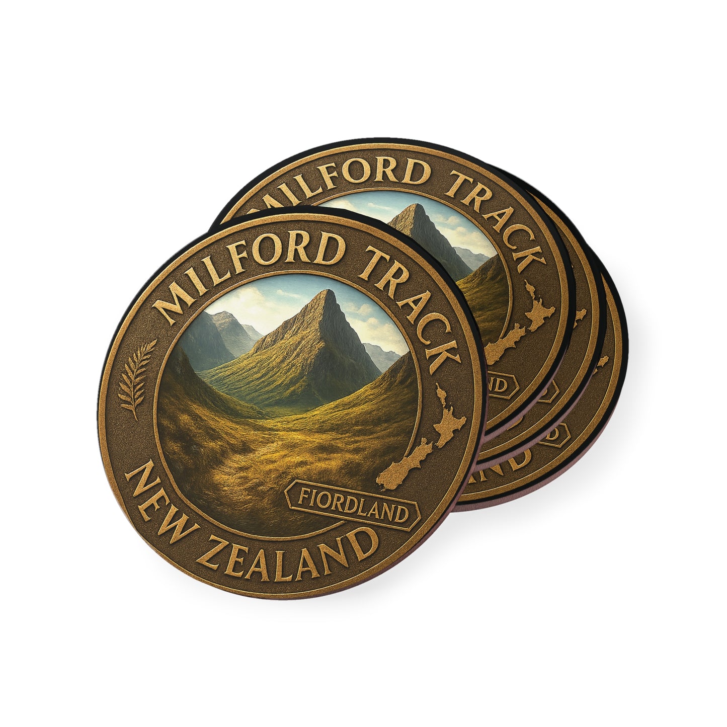 Two circular coasters with 'Milford Track, New Zealand' design on a white background