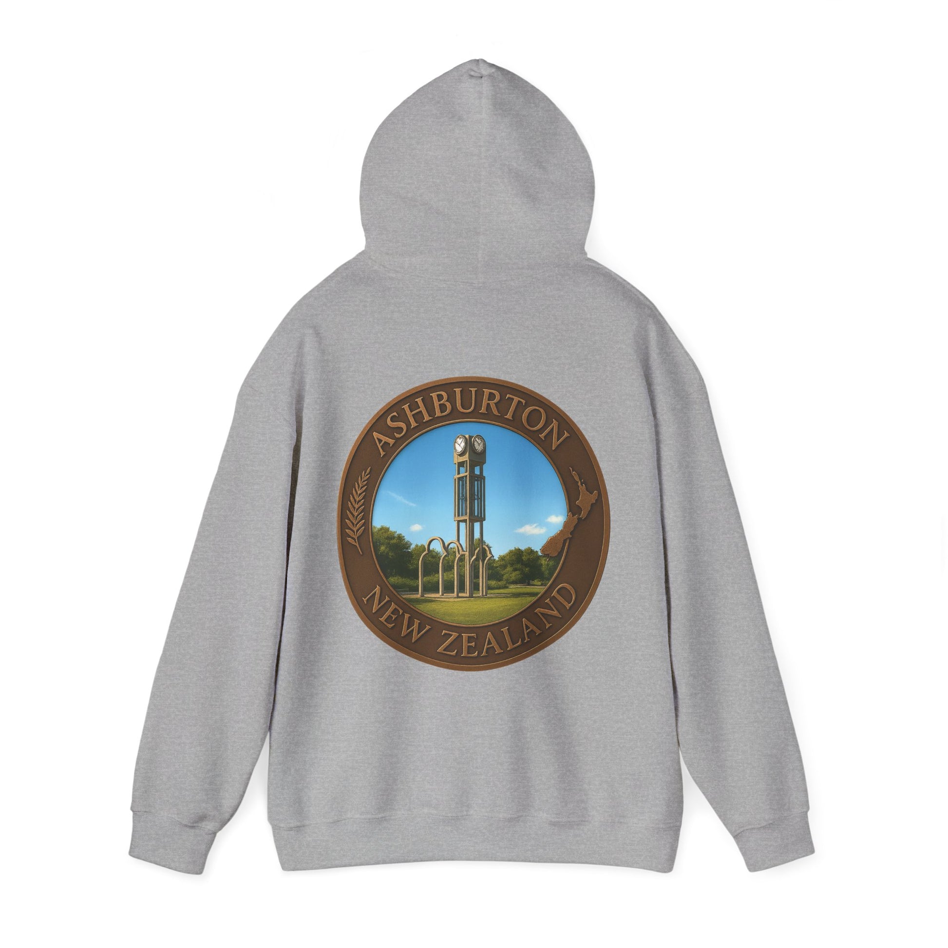Gray Ashburton hoodie with a circular design featuring a clock tower and text on the back, on a white background.
