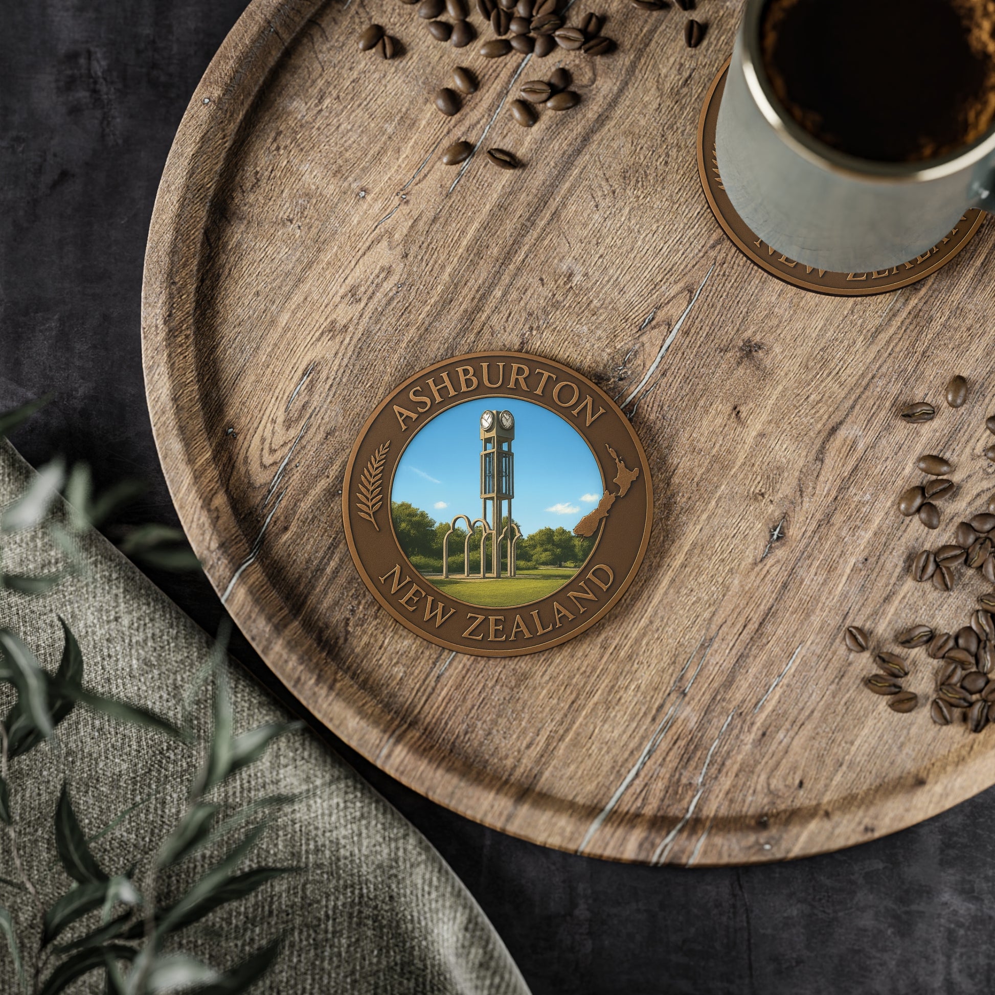Wooden tray with a cup of coffee, coffee beans, and an Ashburton New Zealand coaster.