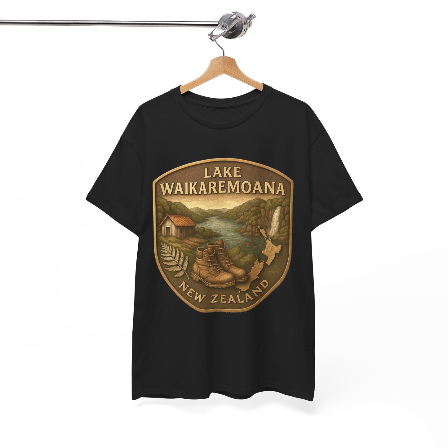 Black t-shirt with a scenic design of Lake Waikaremoana New Zealand on a hanger against a white background