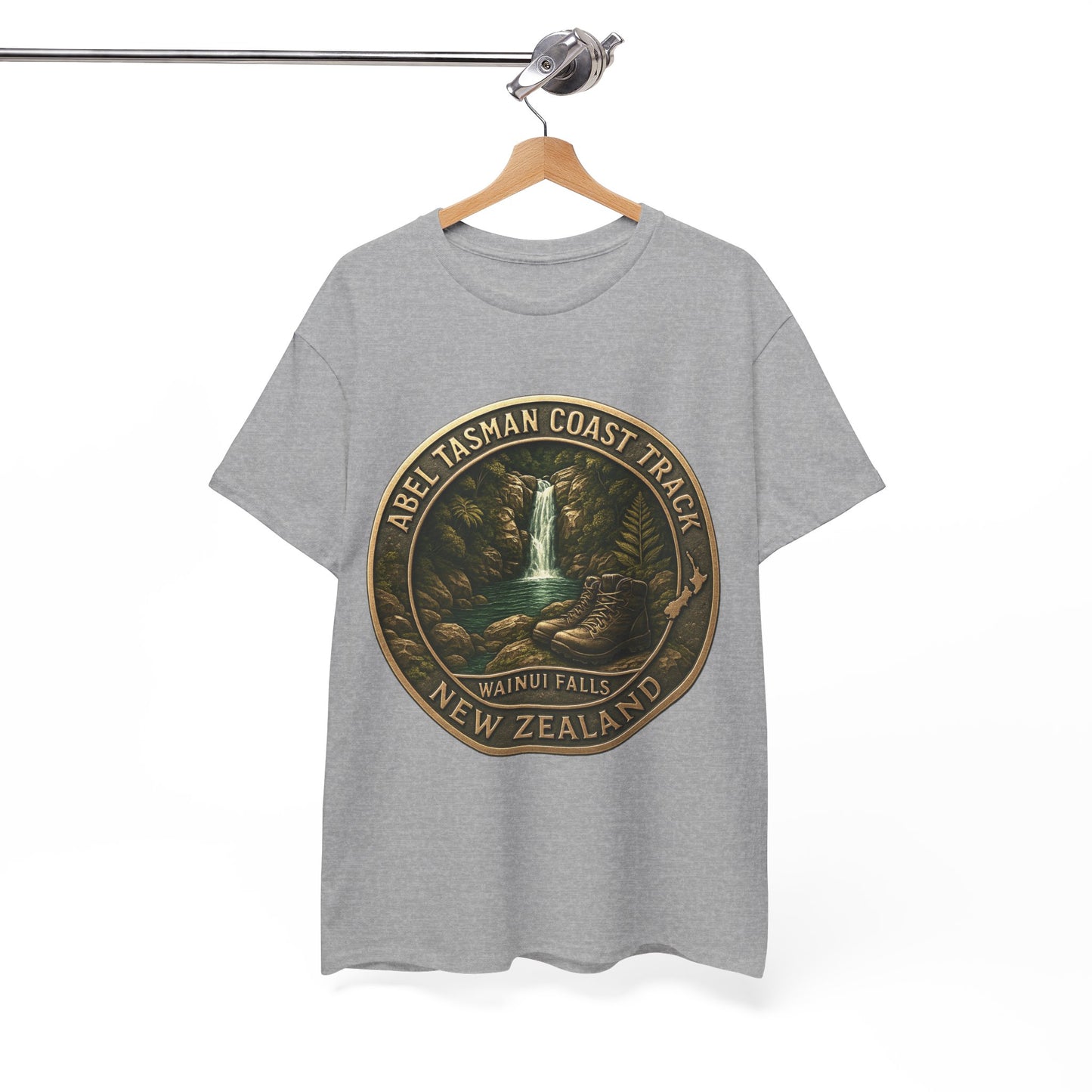 Gray t-shirt with Abel Tasman Coast Track design on a hanger