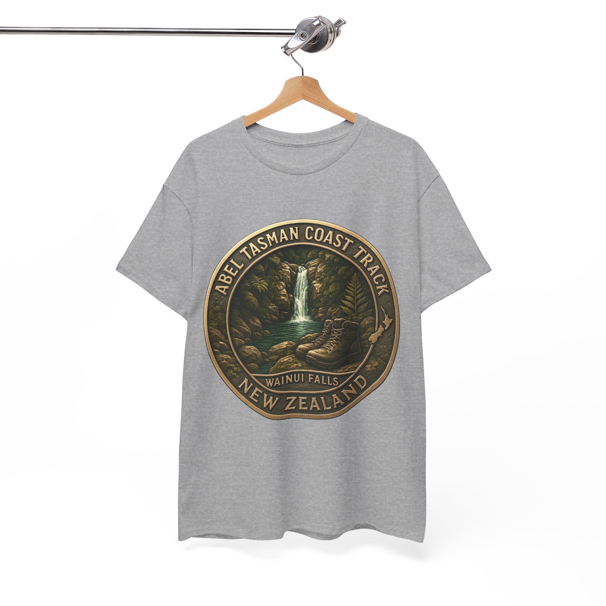 Gray t-shirt with Abel Tasman Coast Track design on a hanger