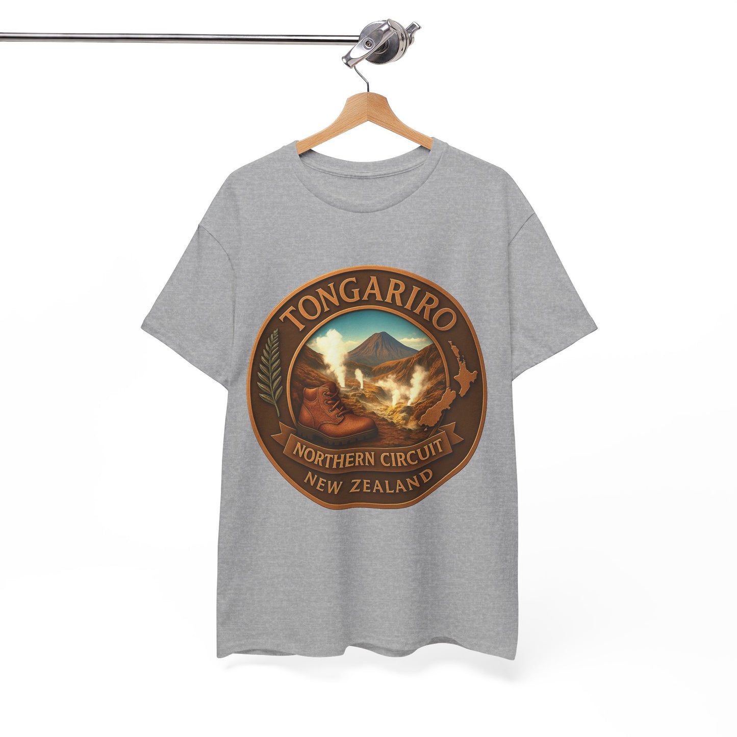 Gray t-shirt with Tongariro Northern Circuit New Zealand graphic on a hanger