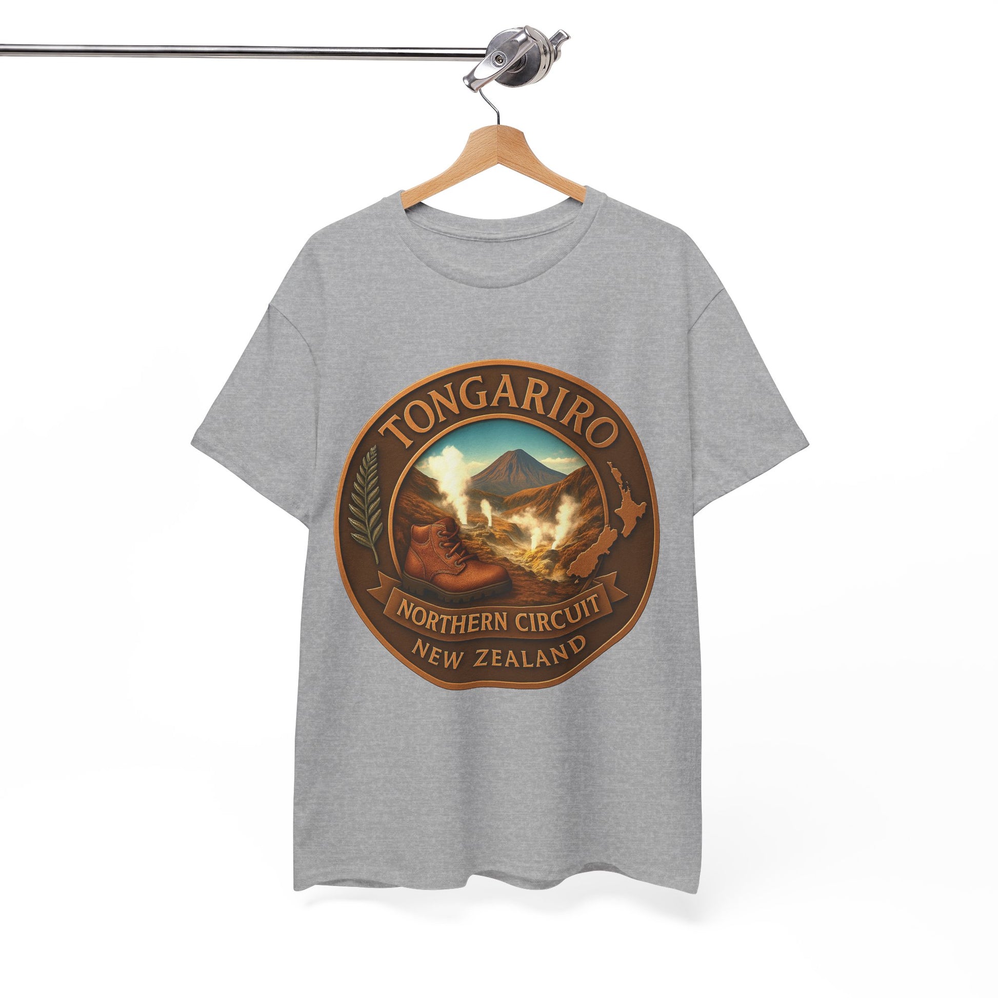 Gray t-shirt with Tongariro Northern Circuit New Zealand graphic on a hanger