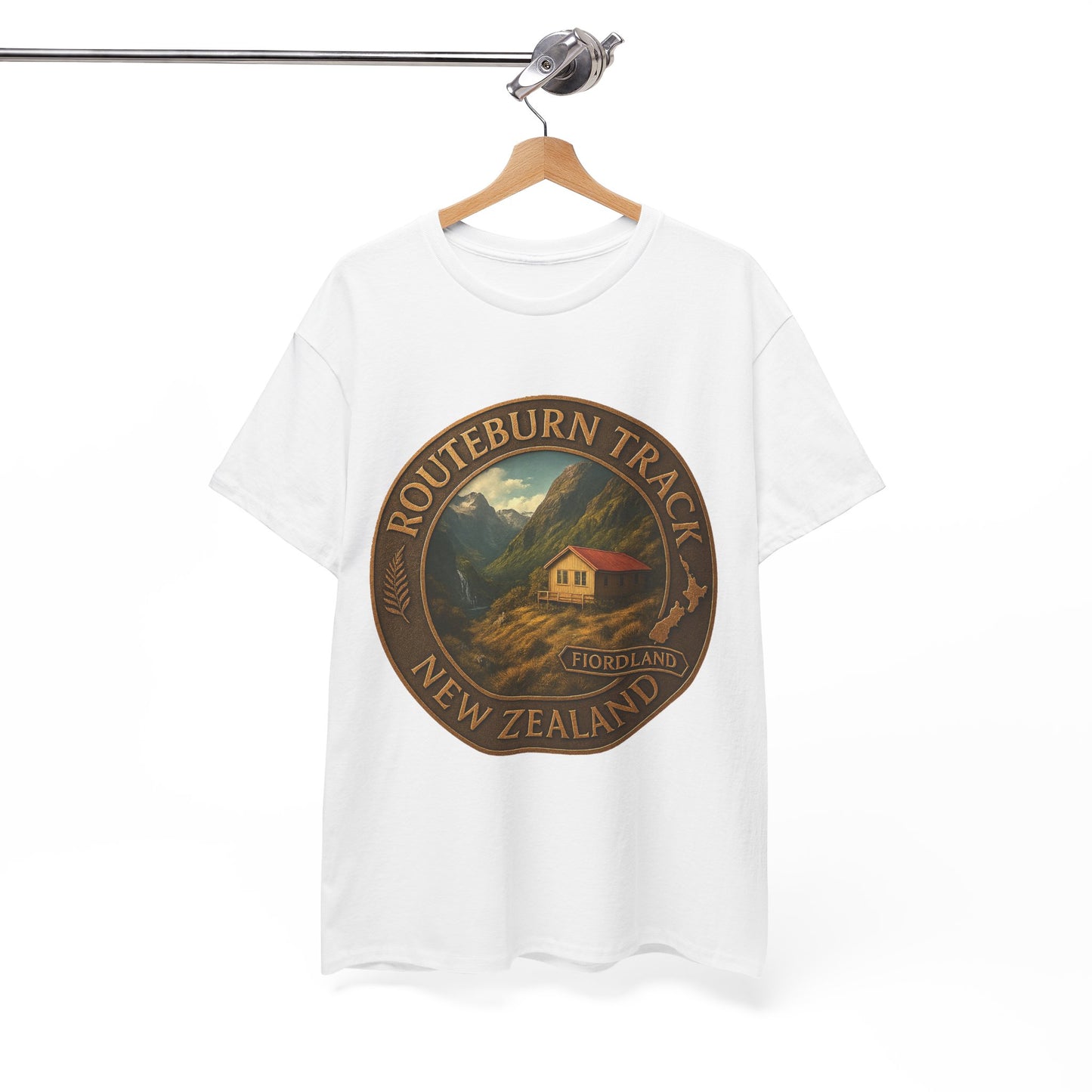 White t-shirt with a Routeburn Track New Zealand design on a hanger against a white background