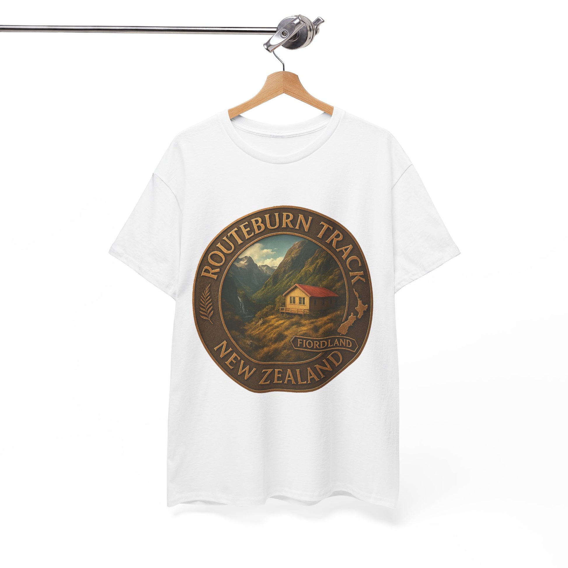 White t-shirt with a Routeburn Track New Zealand design on a hanger against a white background