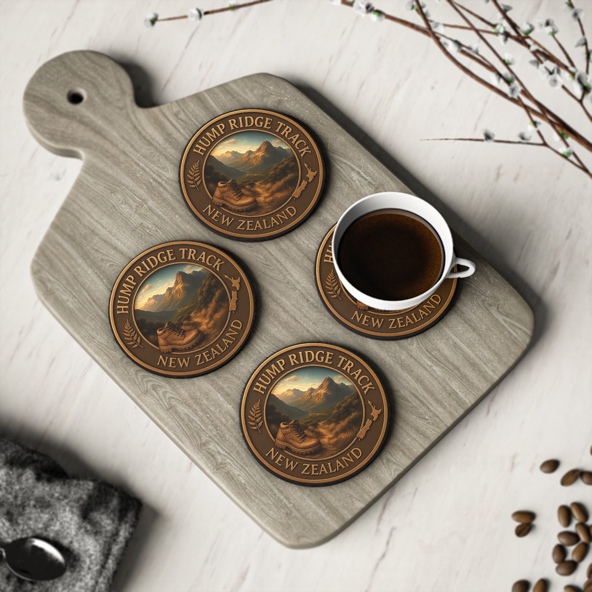 Coasters with 'Hump Ridge Track, New Zealand' design on a wooden board with a cup of coffee.