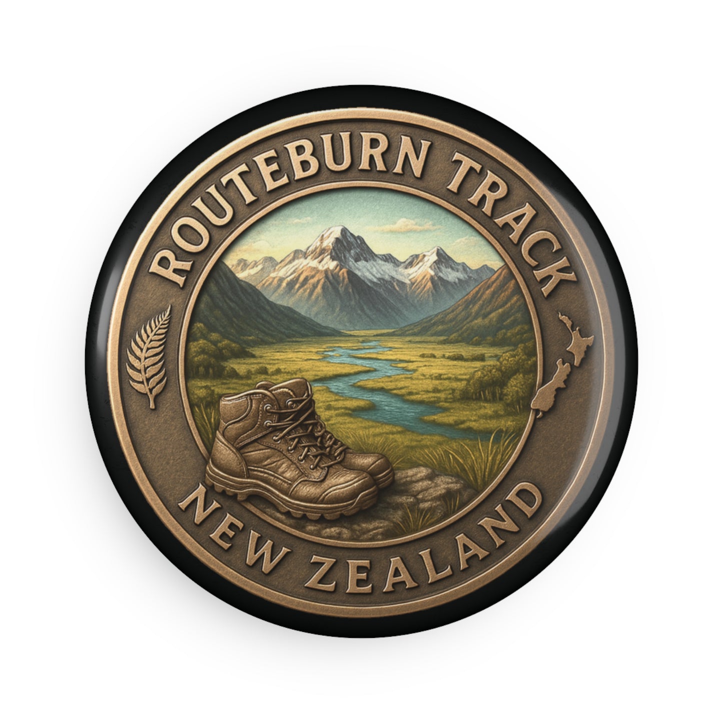Fridge Magnet Medallion featuring Routeburn Track, New Zealand with a hiking boot and mountain landscape.