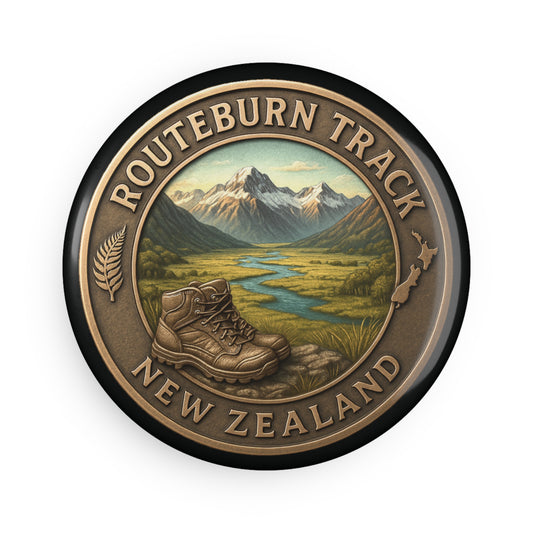 Fridge Magnet Medallion featuring Routeburn Track, New Zealand with a hiking boot and mountain landscape.