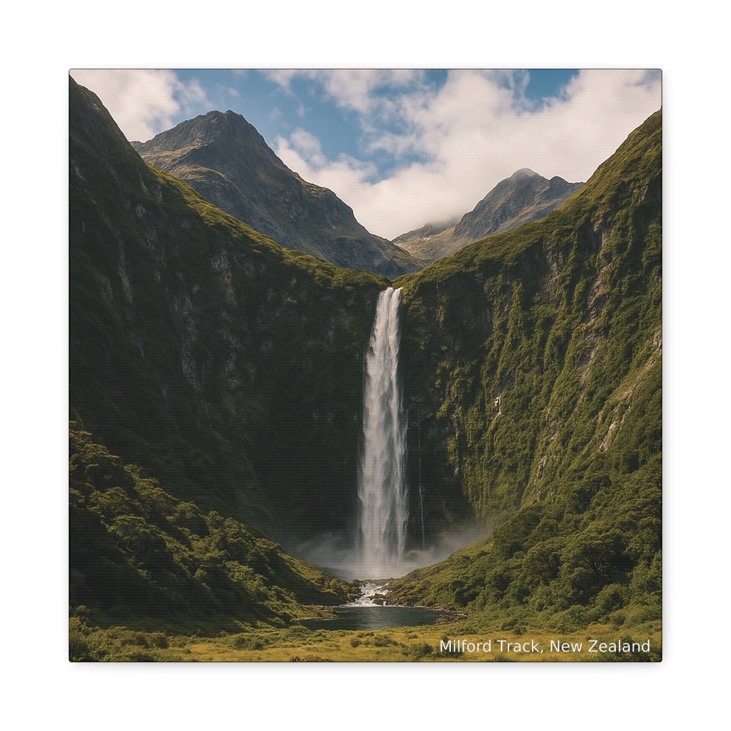 Waterfall in a valley with mountains and clouds in the background, labeled 'Milford Track, New Zealand'.