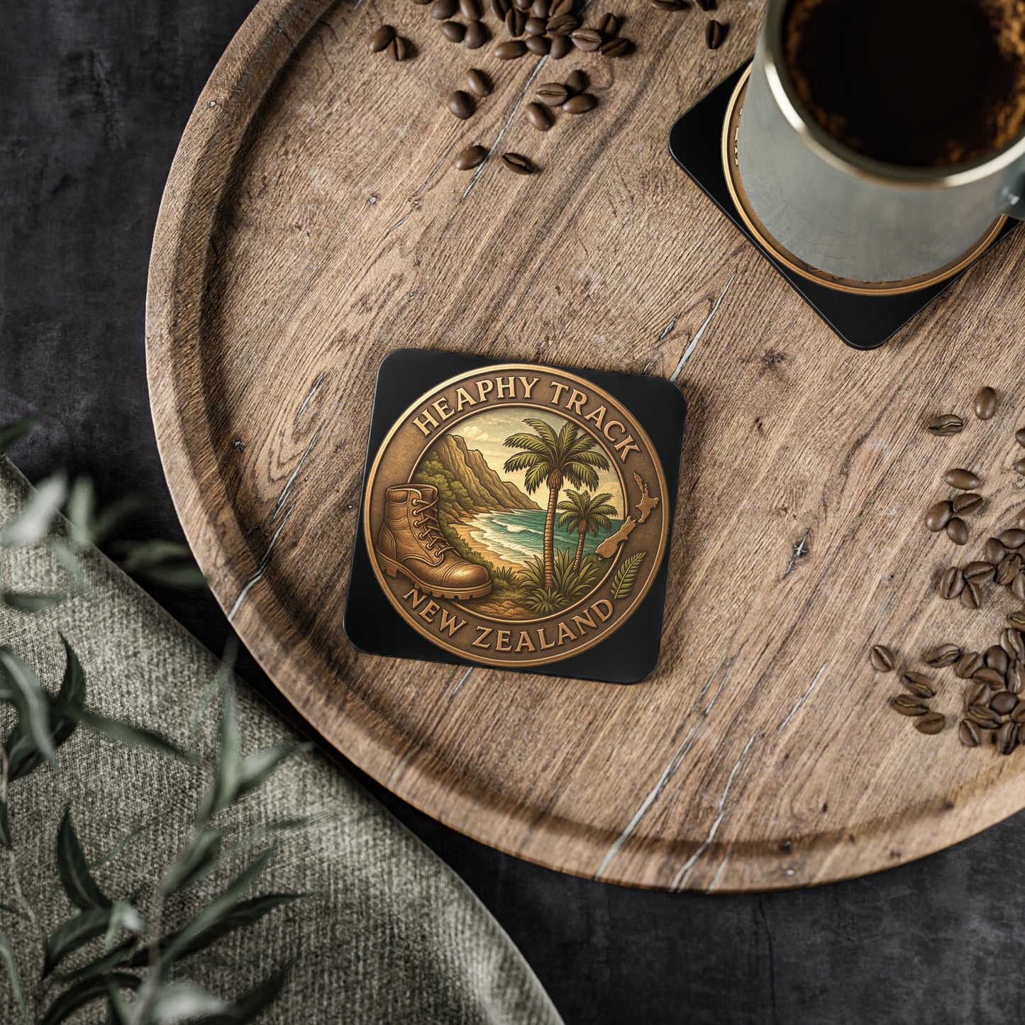 Heaphy Track Coaster with a scenic design on a wooden tray with coffee beans and a cup of coffee.