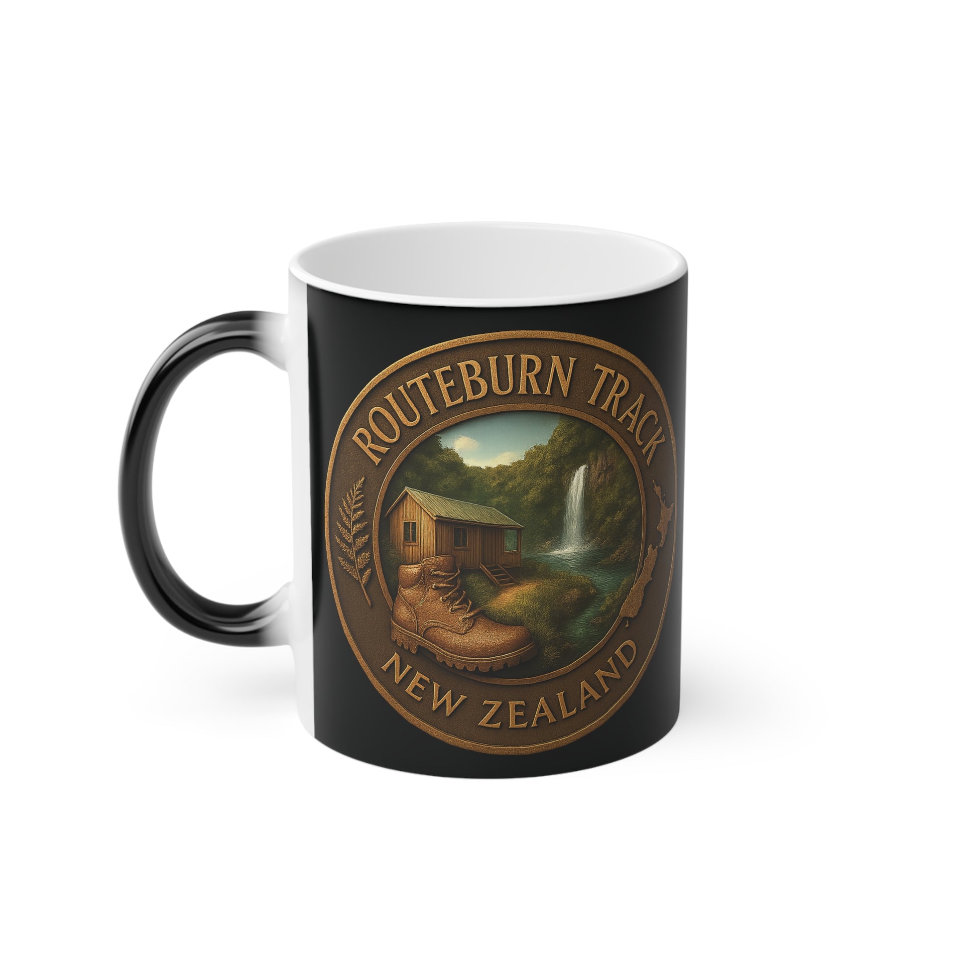 Black Coffee mug with 'Routeburn Track New Zealand' design featuring a cabin and waterfall.