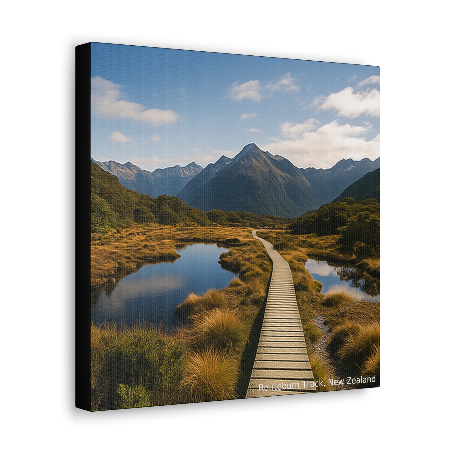 Routeburn Track Canvas print of a scenic landscape with a wooden path, lake, and mountains.