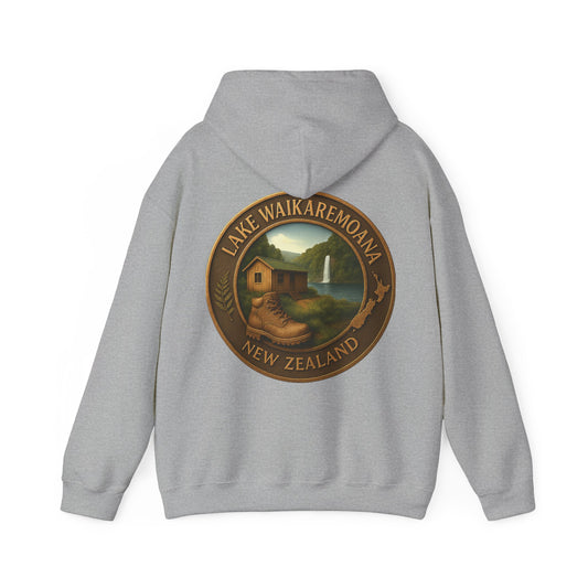 Gray hoodie with a 'Lake Waikaremoana New Zealand' graphic on the back