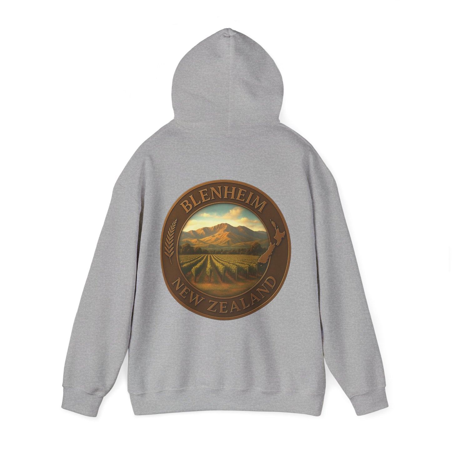 Gray hoodie with a scenic 'Blenheim New Zealand' design on the back against a white background