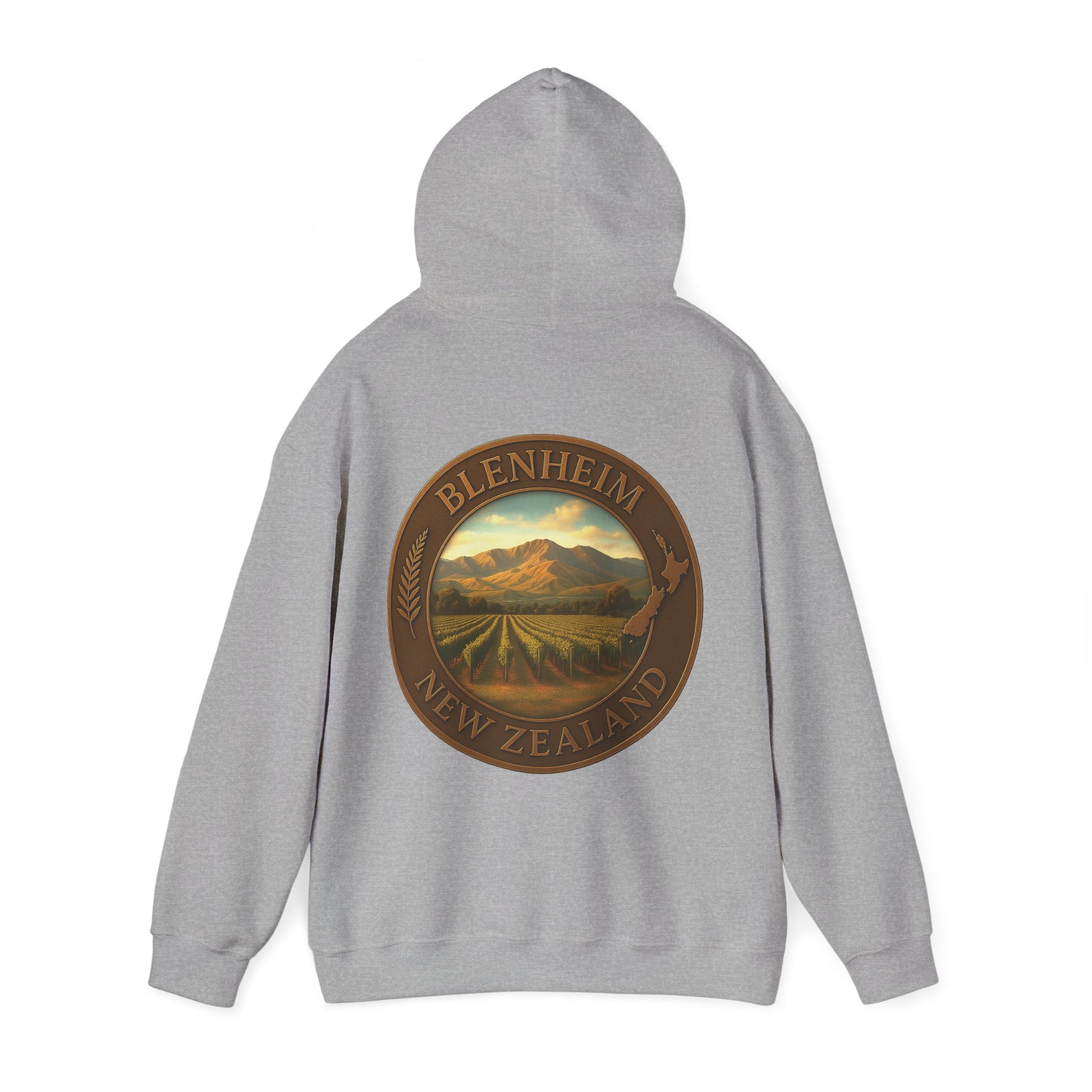 Gray hoodie with a scenic 'Blenheim New Zealand' design on the back against a white background