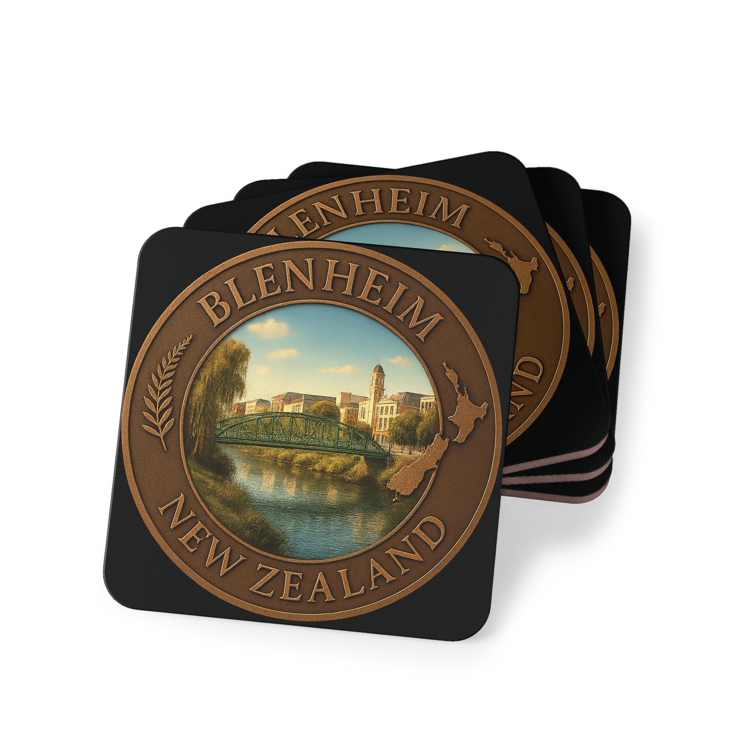 Set of four Blenheim New Zealand coasters with scenic design on a white background