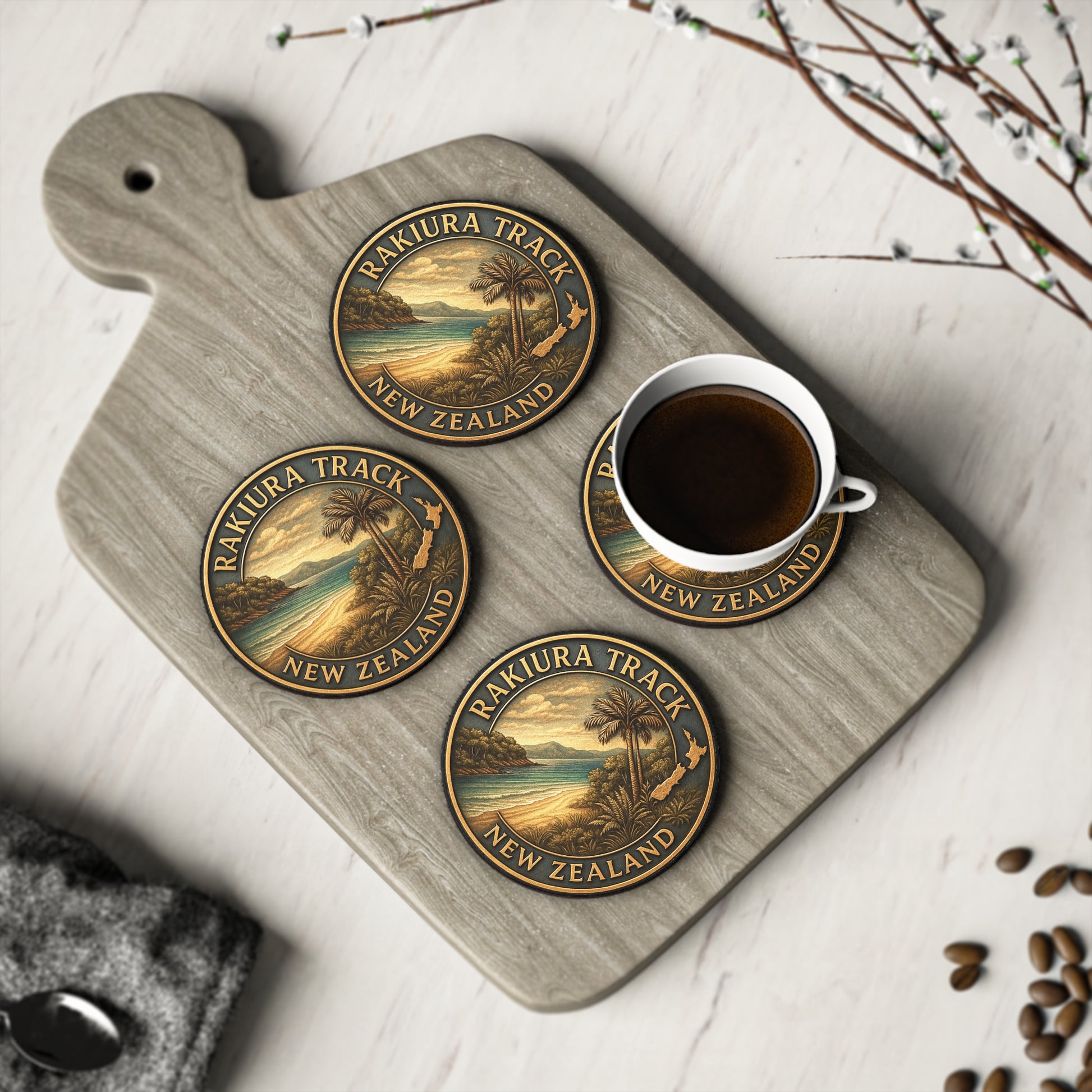 Coasters with Rakiura Track design on a wooden board with a cup of coffee.