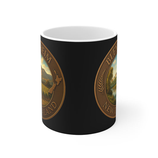 Blenheim, New Zealand — Dual Bronze Emblem Coffee Mug (Bridge & River + Vineyards)